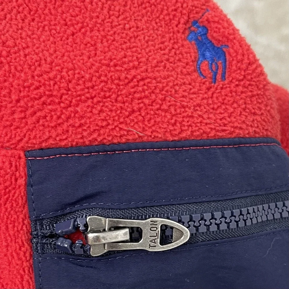 Polo Ralph Lauren Pullover Mens Large Red Fleece‎ Blue Pocket Snap Up Sweater